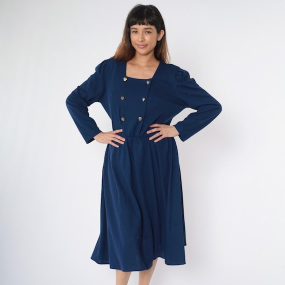 Vintage Navy Double Breasted Dress 80s Midi Shirtwaist Long Puff Sleeve Secretary Shirtdress Button Up Pocket 1980s Plain Blue Medium Large