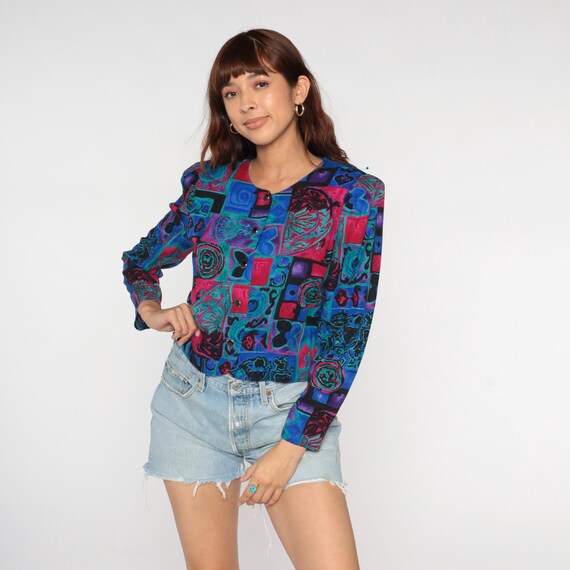 Patchwork Blouse 90s Abstract Print Button Front … - image 5