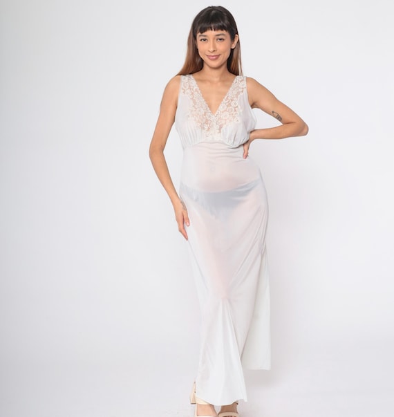 Sheer White Nightgown 70s Lace Trim Lingerie Slip Dress Maxi Nylon Boho Empire Waist V Neck Low Back Long Sleeveless Vintage 1970s Medium M