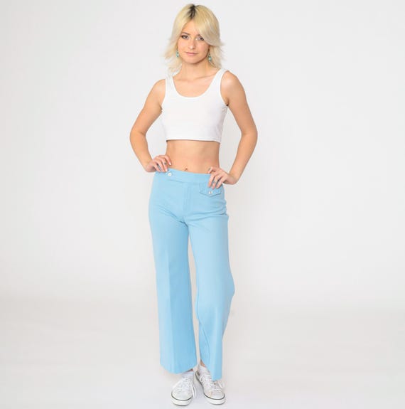 70s Flared Pants Baby Blue Polyester High Waisted Trousers Boho 1970s High Waist Hippie Vintage Bell Bottom Bohemian Small