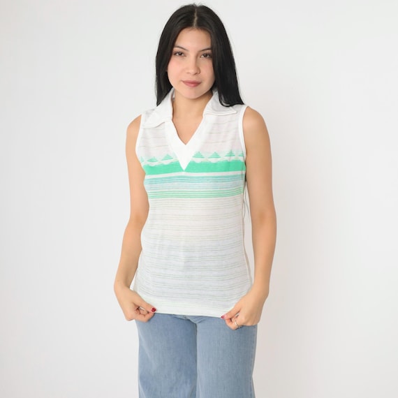 Vintage 70s Striped Top White V Neck Shirt Sleeveless Tank Top Collared Geometric Green Print Retro 1970s boho Mod Women's Size Small S