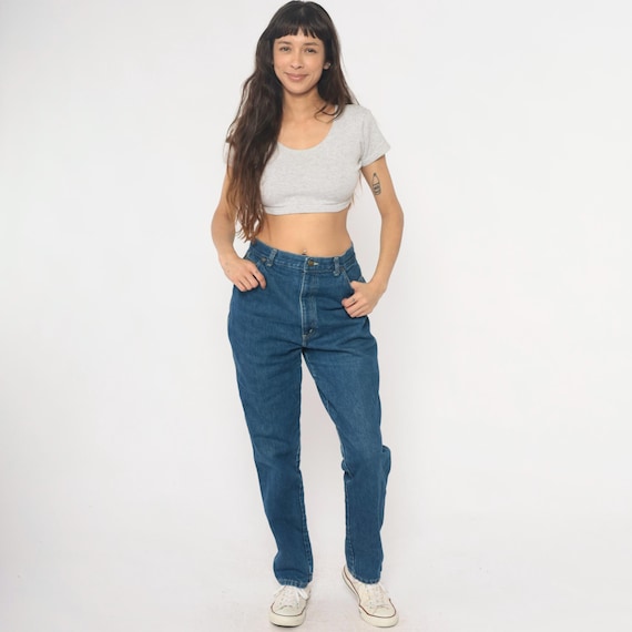 80s High Waisted Mom Jeans Blue Denim Straight Leg Vintage Long Classic Fit Casual Pants Medium Wash Relaxed Everyday Style Extra Large XL