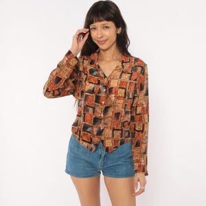 90s Abstract Geometric Silk Blouse Cropped Shirt Rust Tan Brown Earth Tone Block Collar Long Sleeve Warm Toned Patchwork Top Vintage Small S
