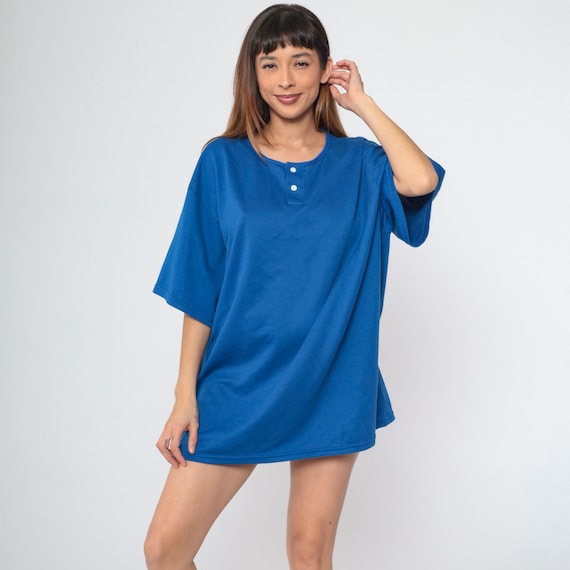Royal Blue T-Shirt Vintage Henley Shirt 90s T Shirt Basic Normcore Tshirt Dress Short Sleeve Plain Solid Tee 1990s Shirt Plus Size 3xl 3x