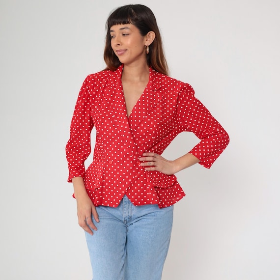 Polka Dot Blazer Jacket 80s Blazer Red Blazer 1980s Boho Summer Jacket Vintage Deep V Neck Oversize Retro Medium M
