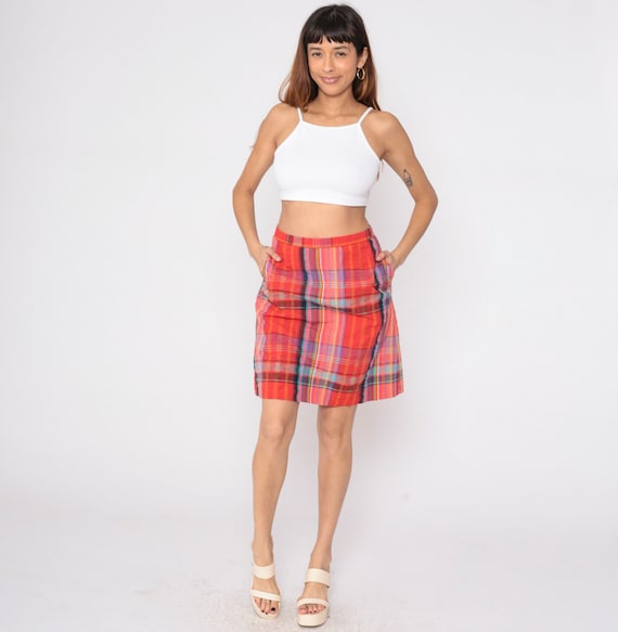 Red Plaid Skirt 80s Mini Skirt Attached Shorts Re… - image 2