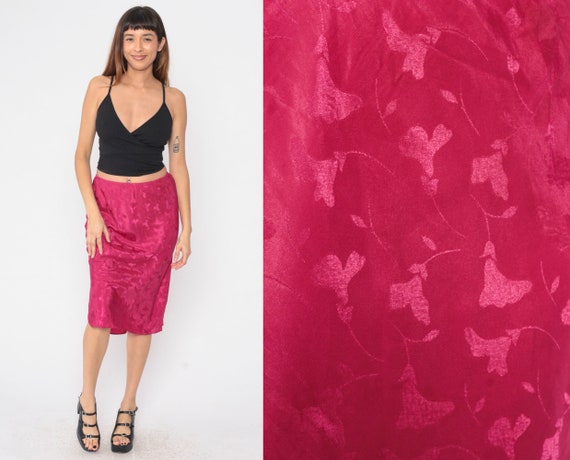 Floral Embossed Slip Skirt 80s Fark Pink Midi Skirt Party Lingerie Side Slit Romantic Boho High Waisted Half Slip Vintage 1980s Small Medium