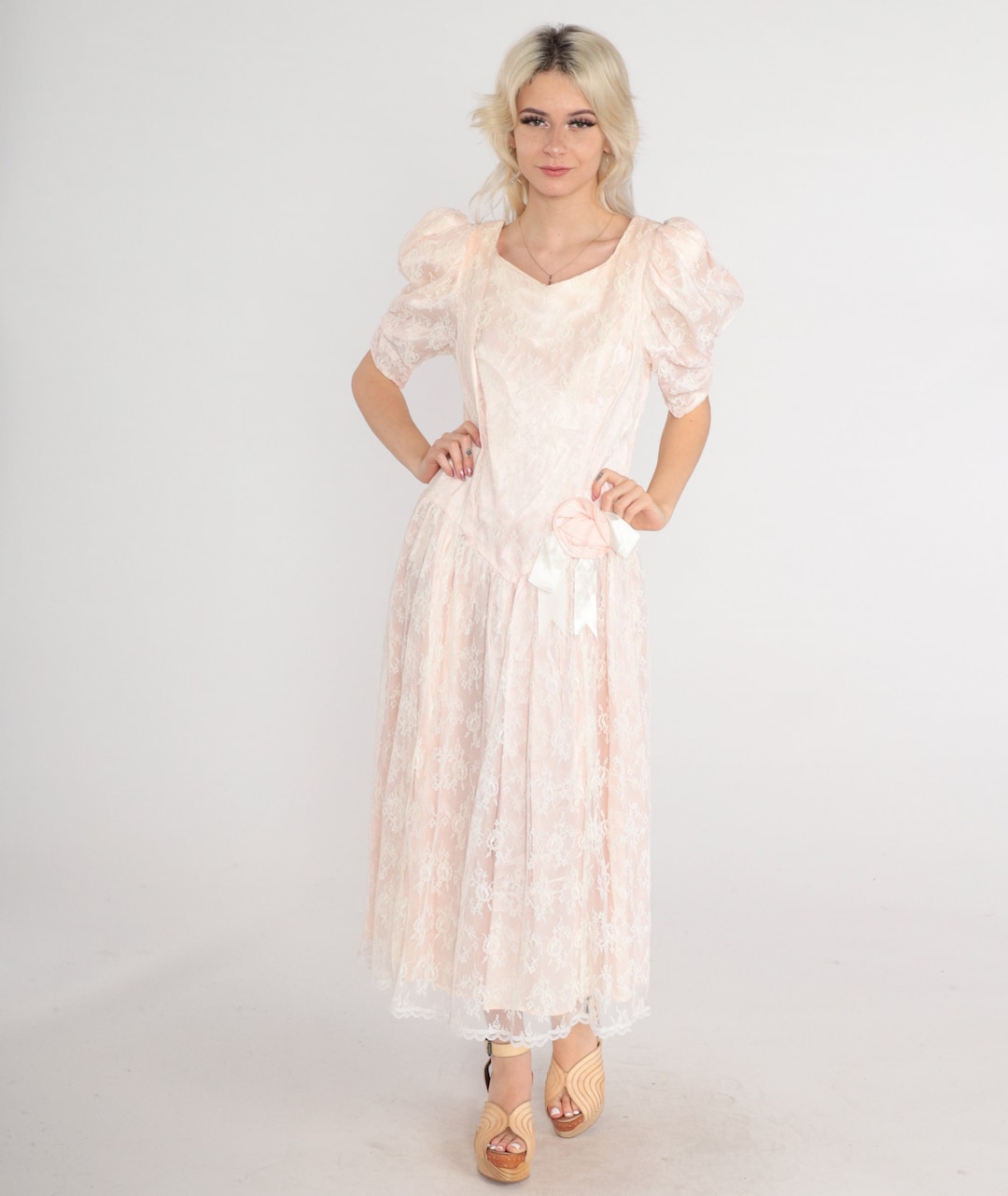 80s Gunne Sax Dress Pink Lace Puff Sleeve Midi Dress Formal Party Prom ...