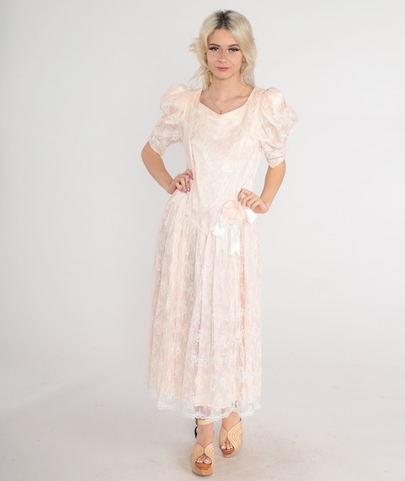 80s Gunne Sax Dress Pink Lace Puff Sleeve Midi Dress Formal Party Prom Dress Low Basque Waist White Rosette Bow Vintage 1980s Medium