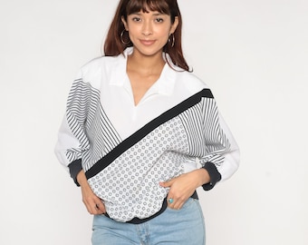 Black and White Striped Shirt 80s Top Flower Print Collared Blouse 3/4 Sleeve Banded Hem Slouchy Vintage Retro 1980s Extra Large xl