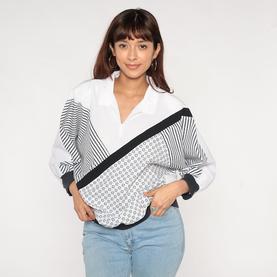 Black and White Striped Shirt 80s Top Flower Print Collared Blouse 3/4 Sleeve Banded Hem Slouchy Vintage Retro 1980s Extra Large xl