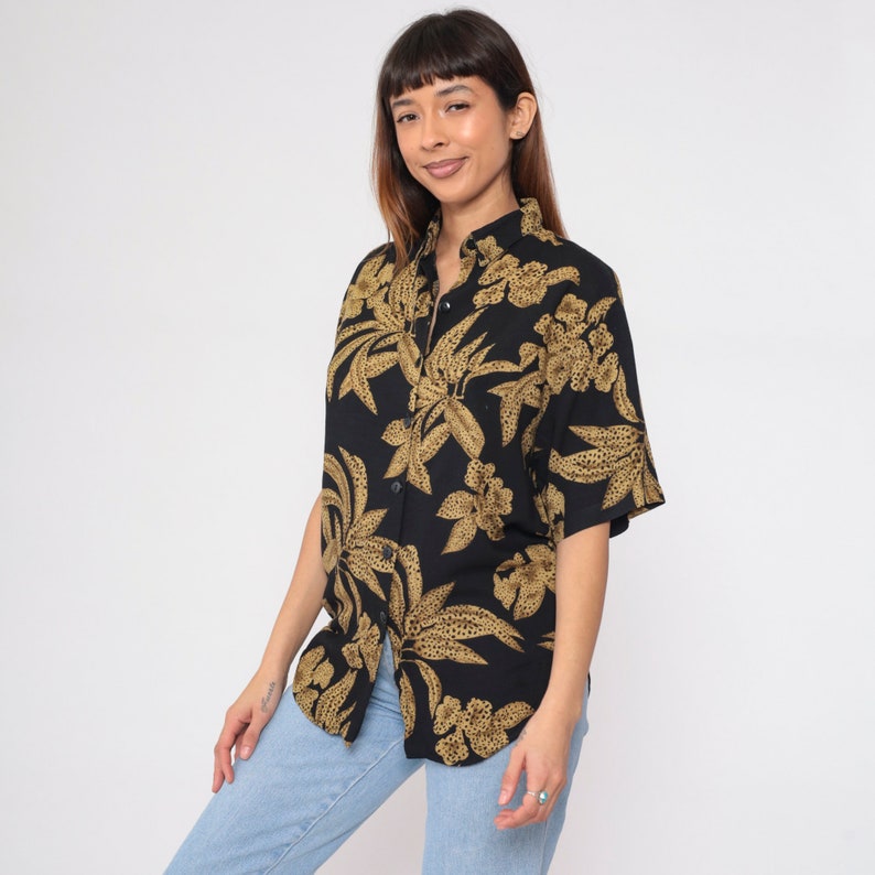 Tropical Floral Blouse 90s Button Up Shirt Black Cheetah Animal Print Flower Leaf Top Summer Short Sleeve Botanical Vintage 1990s Small S image 4