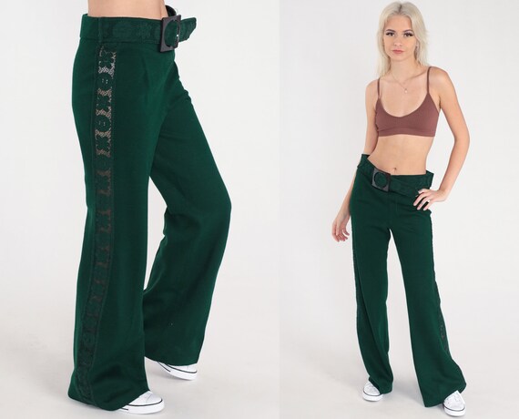 70s Green Bell Bottom Pants Lace Trim Dark Retro Flared Trousers