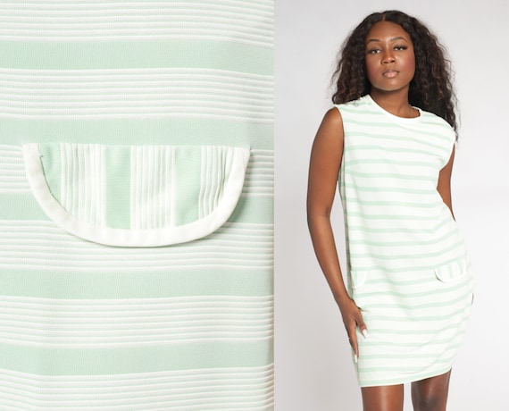 Striped Shift Dress 60s Mod Mini Dress Mint Green White Retro Day Gogo Twiggy Summer Sixties Minidress Sleeveless Vintage 1960s Medium M