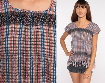 Fringe Hippie Shirt Striped Tunic Top 90s Boho Short Sleeve Bohemian Shirt Basic Hippy Shirt Woven Aztec Small S