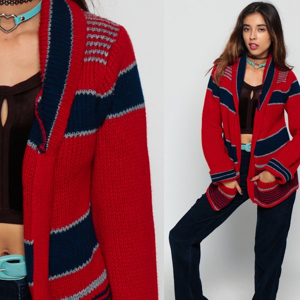 Bohemian Cardigan Wrap Sweater Red 70s BOHO Oversized Striped 80s Vintage Hippie Chunky Long 1970s Navy Blue Grey Medium Large