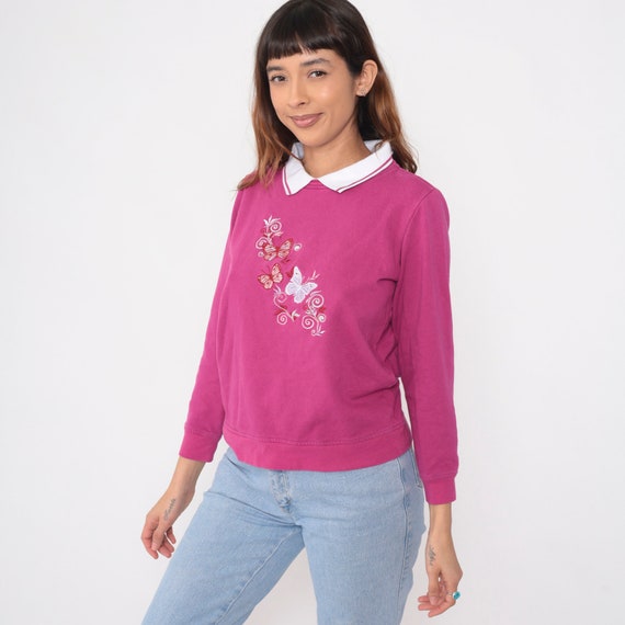 90s Butterfly Sweatshirt Embroidered Magenta Collared Graphic Sweatshirt 1990s Sweater Vintage Shirt Retro Slouchy Medium