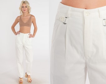 White Corduroy Pants 80s New Old Stock Pleated Trousers High Waisted Rise Straight Tapered Leg Cords Basic Plain Slacks Vintage 1980s Small