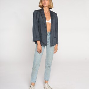 Pinstripe Blazer 90s Open Front Jacket Grey Pin Striped Retro Boho Preppy Office Jacket Professional Formal Basic Plain Vintage 1990s Medium image 4