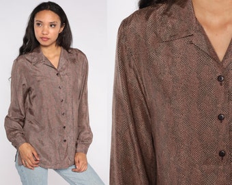 Brown Silk Shirt Button Up Shirt 80s Shirt Formal Party Blouse 90s Long Sleeve Blouse Button Up Top Vintage Retro Medium
