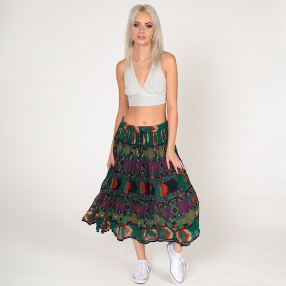 Geometric Broomstick Skirt Hippie Striped Boho Skirt 00s Midi Bohemian Vintage Festival Hippy Skirt Olive Green Purple Summer Medium Large