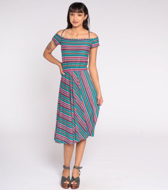 70s Midi Dress Teal Green Striped Dress Off Shoulder Dress Strappy Criss Cross Boho Vintage 1970s Bohemian Dress High Waist Extra Small xs 0