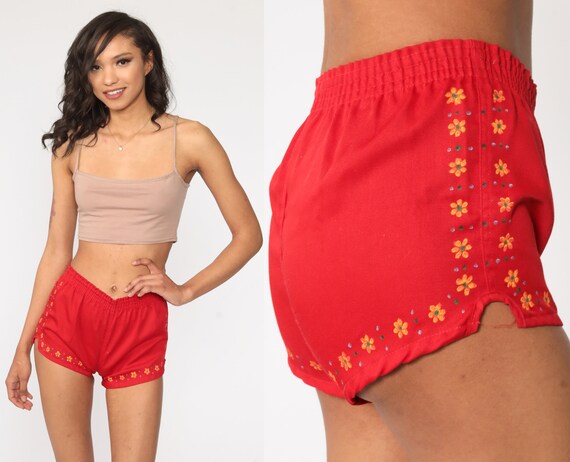 Red Gym Shorts 2xs Floral Hand Painted Jogging Sho