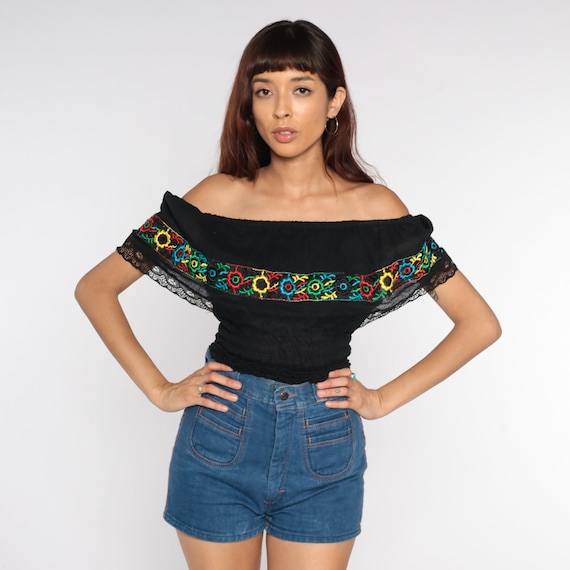 Black Peasant Top Off Shoulder Blouse Floral Embroidered Top 80s Hippie Boho Shirt Smocked Top Bohemian Vintage Summer Extra Small xs