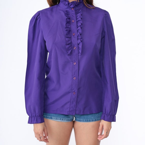 Purple  Ruffle Blouse 80s Tuxedo Button Up Top Ro… - image 6