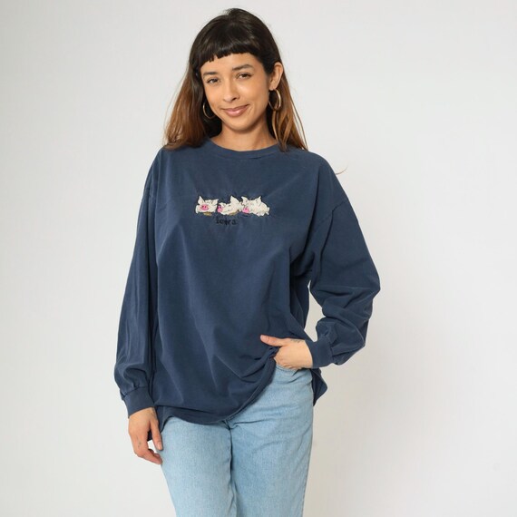 Vintage 90s Iowa Farmer T Shirt XL Pig Corn Tshirt Graphic Tee Long sleeve Navy Blue Kawaii Cute Animal Retro Embroidered 1990s Extra Large