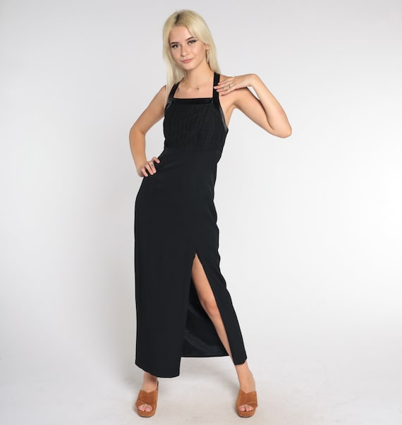 Black Party Dress 90s High Slit Maxi Dress Lace Fitted Formal Cocktail Empire Waist Criss Cross Spaghetti Strap Vintage 1990s Small 4
