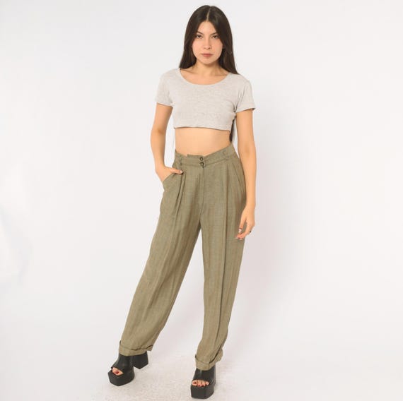 80s Herringbone Trousers Brown Tan Pleated High Waist Pants Button Front Tweed Khaki Olive Office Neutral Dark Academia Vintage Small S