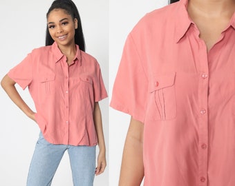 Pink Silk Shirt Button Up Shirt 90s Pink Short Sleeve Blouse 1990s Oversized Grunge Streetwear Vintage Retro Plain Top Large