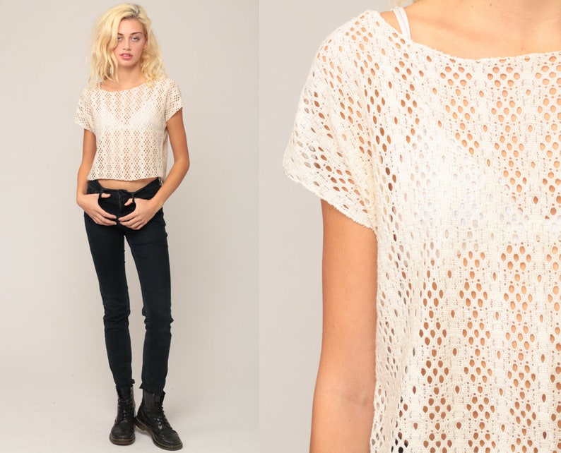 Lace Crop Top 90s Shirt Sheer Blouse Cut Out Top Grunge 1990s Vintage Cropped Shirt Cutout Off-White Retro Cap Sleeve Hipster Medium Large