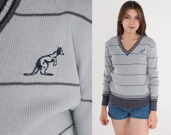 80s Sweater Kangaroo Emblem Sweater Grey Striped V Neck Sweater Knit Pullover Jumper Vintage 1980s Animal Preppy Geek Nerd Plain Small S