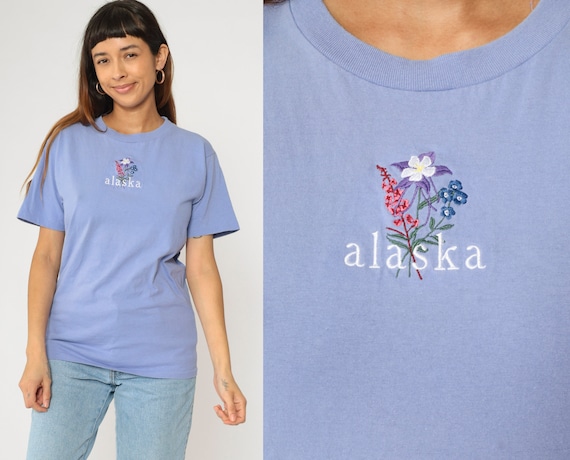 90s Alaska Shirt Floral Embroidered Periwinkle TShirt Vintage Graphic Shirt 1990s T Shirt Purple Wildlife Cotton Small xs