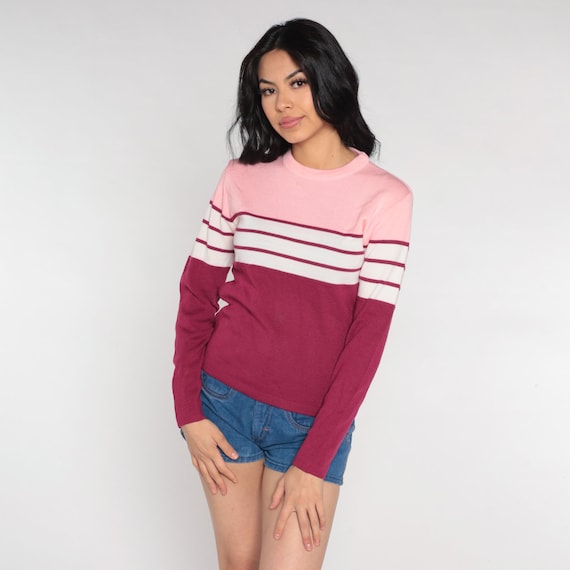 Pink Striped Sweater 80s Ossi Raspberry White Pullover Knit Sweater Wool Blend Retro Crewneck Girly Knitwear Vintage 1980s Medium M