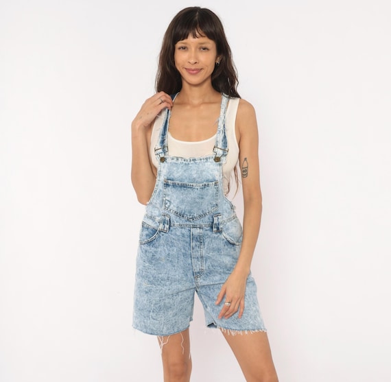 Distressed Acid Wash Denim Shortalls 90s Cutoff Overall Shorts Blue Jean Short Raw Hem Cotton Bermuda Grunge Summer Yallternative Small S