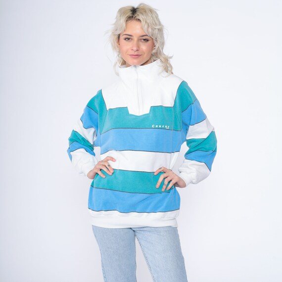 Cancun Shirt 90s Quarter Zip Sweatshirt Striped Pullover Sweater Blue White Mexico Top Tourist Souvenir Raglan Sleeve Vintage 1990s Large L