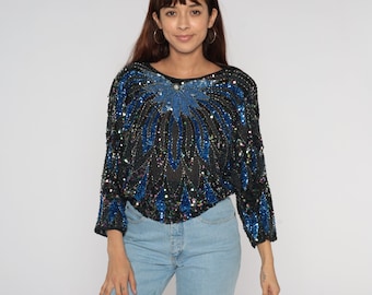 80er Jahre Pailletten Shirt Schwarz Blau Blumen Perlen Top Metallic Dolman Ärmel Top Boho Party Bluse Glam Sparkle Trophy Boho 1980er Jahre Medium Large
