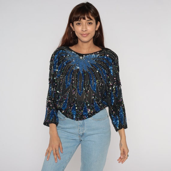 80s Sequin Shirt Black Blue Floral Beaded Top Metallic Dolman Sleeve Top Bohemian Party Blouse Glam Sparkle Trophy Boho 1980s Medium Large