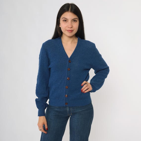 Blue 70s Cardigan Town and Campus Shop Button Up V Neck Long Sleeve Sweater Preppy Collegiate Navy Dark Blue Classic Knit Small S