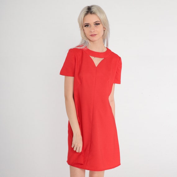 Red Cutout Dress 60s Mod Mini Dress Flared Shift … - image 3