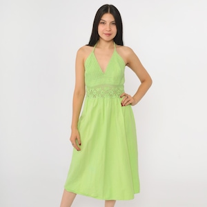 Vintage Lime Crochet Halter Dress 90s Halter Neck Midi Sun Dress Green Sheer Waist Boho Bohemian 1990s Deep V Plunge Hippie Small Medium