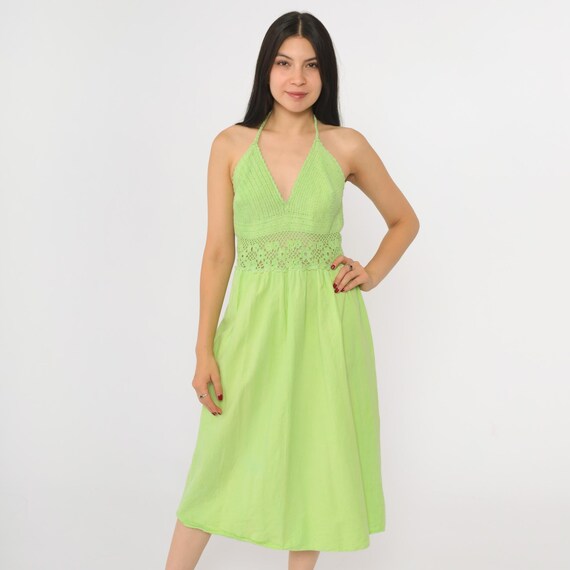 Vintage Lime Crochet Halter Dress 90s Halter Neck Midi Sun Dress Green Sheer Waist Boho Bohemian 1990s Deep V Plunge Hippie Small Medium