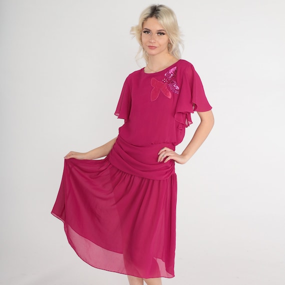 80s Party Dress Magenta Sequined Chiffon Midi Dress 1980s Flutter Sleeve Rhinestone Applique Dress Drop Waist Draped Medium