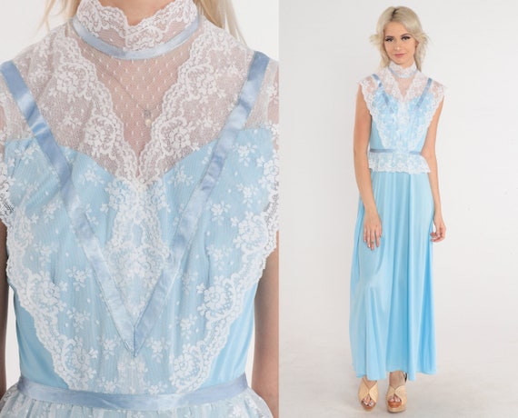 Vintage Blue Gown 70s Prom Dress White Lace Victo… - image 1