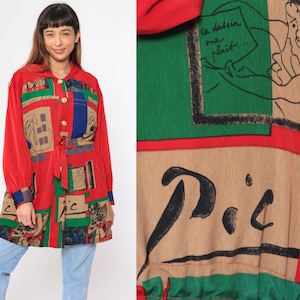 Hooded Art Jacket 90s Picasso Inspired Jacket Red Barcelona Artist Jacket Hood Vintage Button Up 1990s Drawstring Waist Spain Large L