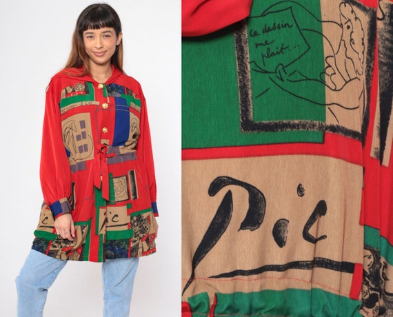 Hooded Art Jacket 90s Picasso Inspired Jacket Red Barcelona Artist Jacket Hood Vintage Button Up 1990s Drawstring Waist Spain Large L