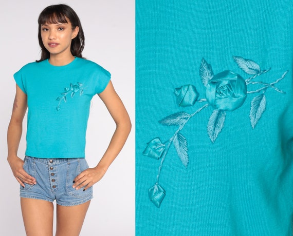 60s Sweater Top Turquoise Blue Floral Knit Shirt Mod Short Cap Sleeve Sweater 1960s Vintage Wool Blend Flower Applique Small S